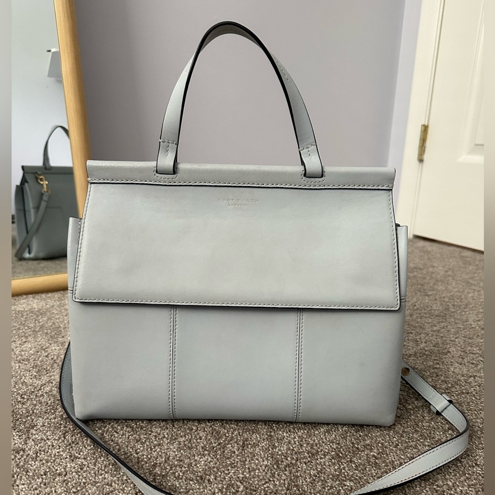 Tory Burch Block T Leather Top-Handle Satchel in Light Blue